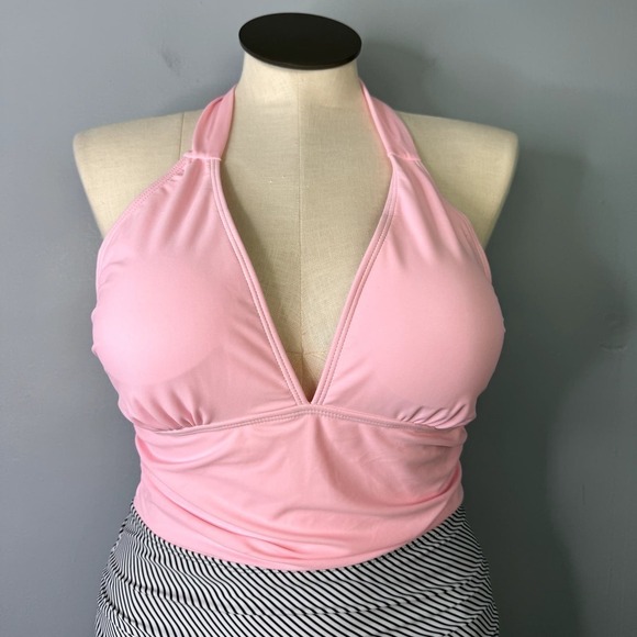 Pink Black and White Striped Ruched Plunge Halter Tie Swimsuit Women's Size L - Picture 2 of 12